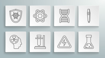 Set line Human head and a radiation, Chemical formula, Test tube flask stand, High voltage sign, chemical, DNA symbol, Tweezers and Biohazard shield icon. Vector
