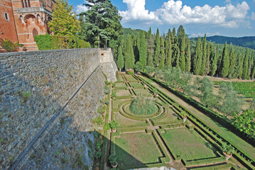 Castello di Brolio. View from the castle over the castle garden in Gaiole in Chianti. Italy, Europe