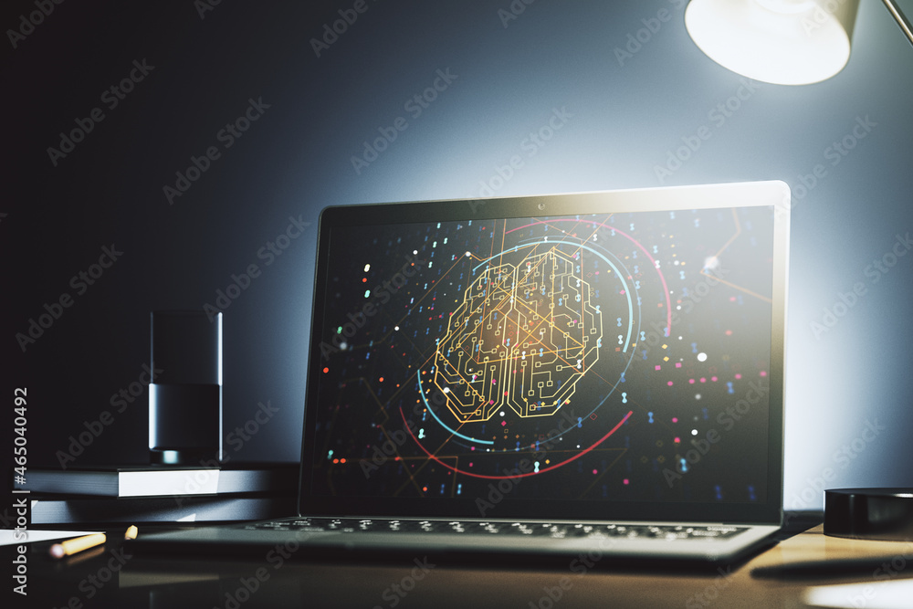 Poster creative artificial intelligence concept with human brain sketch on modern laptop monitor. 3d render