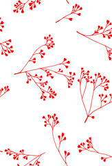 A vector design of red hearts for wallpaper, fabric, textiles, packaging, wedding design. Vintage art, folk painting. Seamless branches with hearts on a regular background.