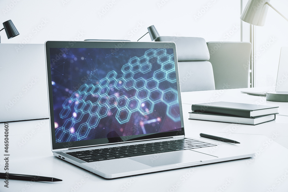Poster creative abstract wireless technology hologram with hexagon on modern computer monitor, artificial i