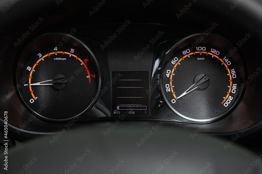 Poster round speedometer, odometer with a range, tachometer. sign and symbol on car dashboard.