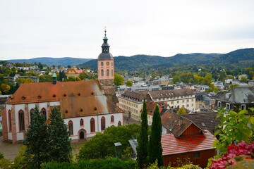  In the foreground stifts church with spa district, in the background the Annaberg with beautiful villas. Baden Baden, Germany, Europe