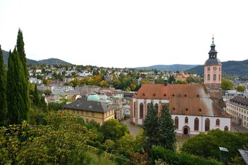 Fototapeta na wymiar In the foreground stifts church with spa district, in the background the Annaberg with beautiful villas. Baden Baden, Germany, Europe