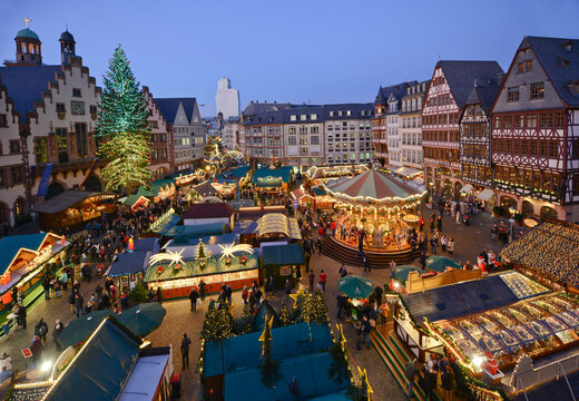 Christmas market on the Romans square in front of City Hall in Frankfurt, Germany.