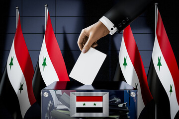 Syria flags, hand dropping ballot card into a box - voting, election concept - 3D illustration