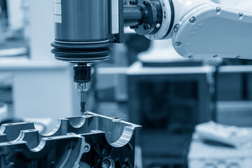 The automotive parts finishing process by milling process attached the robotics arm.