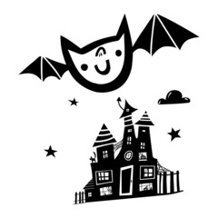 Black doodle Halloween vector design with a cute bat and house. Illustration for kids, celebration, web, print, etc. 