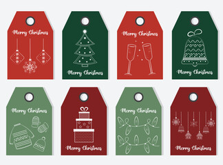 Collection of holiday Christmas gift tags in trendy collors. Labels xmas set. Christmas labels, stickers for decorating gifts for winter holidays. Cozy winter illustration for printable gift labels.