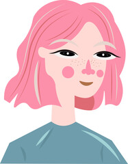 People, girl with pink hair and big eyes. Vector, flat, hand drawn illustration isolated on bright background. Concept for logo, print