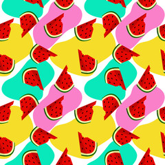 Fruity seamless vector pattern watermelon pieces. Striped background, Seamless watermelons pattern. Vector background with watermelon slices. Colorful watermelon background .summer season background.