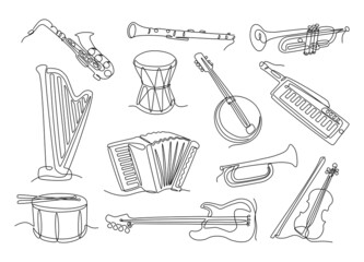 Line musical instruments. Continuous line drums guitar violin saxophone trumpet horn harp banjo clarinet accordion harmonica. Vector outline set - obrazy, fototapety, plakaty