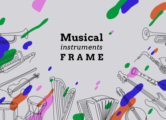 Line music background. Abstract contemporary framing with continuous line jazz and orchestral instruments. Vector music show placard