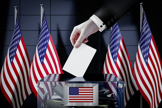 United States of America flags, hand dropping ballot card into a box - voting, election concept - 3D illustration