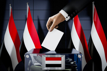 Yemen flags, hand dropping ballot card into a box - voting, election concept - 3D illustration