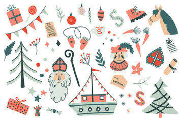 Sinterklaas illustration objects set. Piet, gift, Christmas tree, ship, ornament, hose, carrot. Flat style illustrations