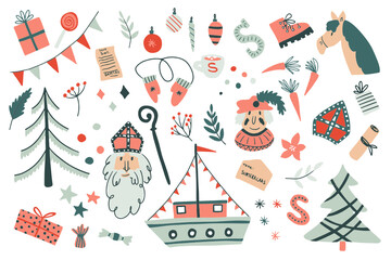 Sinterklaas illustration objects set vector. Piet, gift, Christmas tree, ship, ornament, hose, carrot. Flat style illustrations