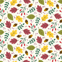 Obraz na płótnie Canvas Seamless autumnal pattern of leaves, acorns and rosehips. 