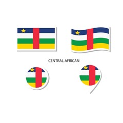 Central African flag logo icon set, rectangle flat icons, circular shape, marker with flags.