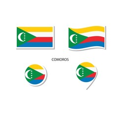 Comoros flag logo icon set, rectangle flat icons, circular shape, marker with flags.