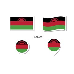 Malawi flag logo icon set, rectangle flat icons, circular shape, marker with flags.