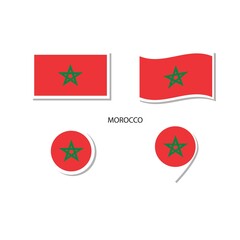 Morocco flag logo icon set, rectangle flat icons, circular shape, marker with flags.