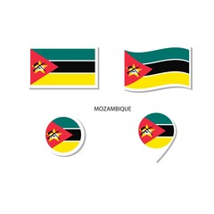 Mozambique flag logo icon set, rectangle flat icons, circular shape, marker with flags.