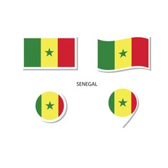 Senegal flag logo icon set, rectangle flat icons, circular shape, marker with flags.