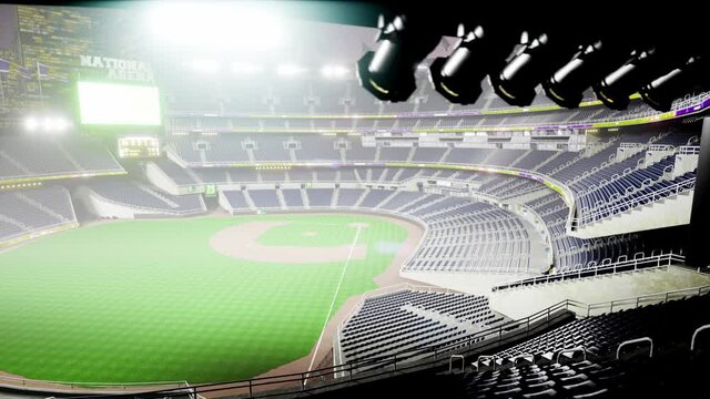 Empty night baseball and cricket arena in fog and illuminated by spotlights 3d render. High quality 4k footage
