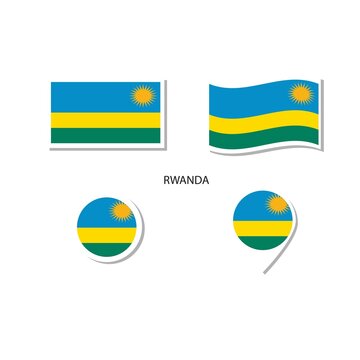 Rwanda flag logo icon set, rectangle flat icons, circular shape, marker with flags.
