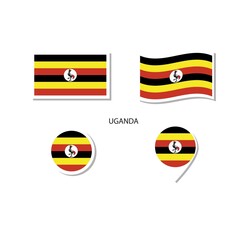 Uganda flag logo icon set, rectangle flat icons, circular shape, marker with flags.