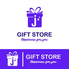 Initial j Letter on Gift Box for Simple Modern Gift Store Retail Business Logo. Present, Surprise toys anniversary shop Logo Design Template