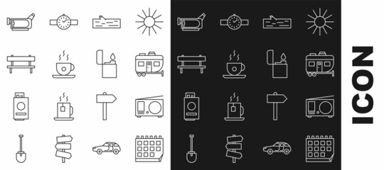 Set line Calendar, Radio with antenna, Rv Camping trailer, Wooden log, Coffee cup, Bench, Cinema camera and Lighter icon. Vector