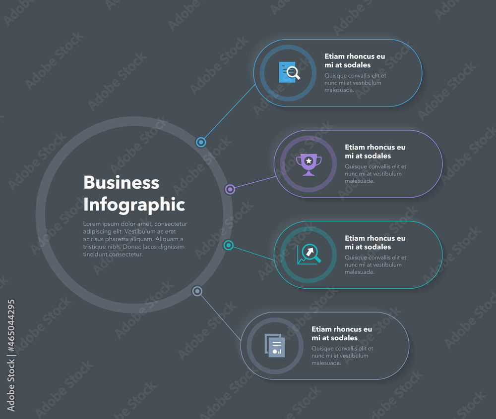 Poster simple concept for business diagram with four colourful steps and place for your description - dark 
