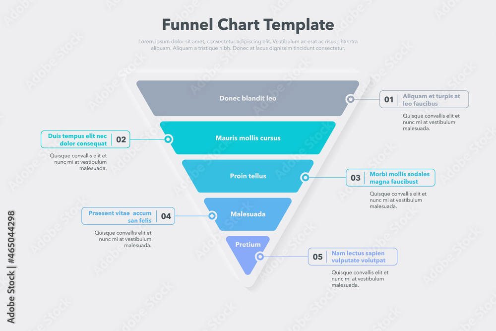 Poster Funnel chart template with five colorful steps. Easy to use for your website or presentation.