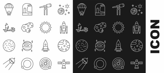 Set line Satellite, dish, Space shuttle and rockets, Telescope, Asteroid, Mars rover, Planet Saturn and Sun icon. Vector