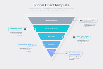 Funnel chart template with five colorful steps. Easy to use for your website or presentation. - obrazy, fototapety, plakaty