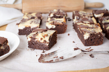 Freshly baked marbled chocolate brownies