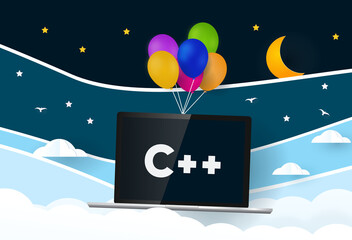 C plus  programming language. Balloons carries laptop with word  c++
