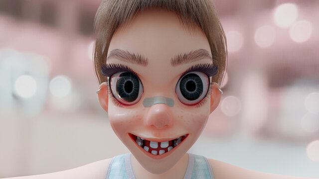 Girl missing teeth ugly smile close-up on face. Expression of the cartoon  character. 3D Render Stock Illustration | Adobe Stock