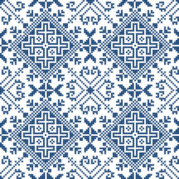 Cross-stitch embroidery style vector seamless pattern - inspired by the old folk art designs from Bosnia and Herzegovina Zmijanjski vez 
