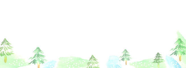 水彩で描いたモミの木の背景のバナー