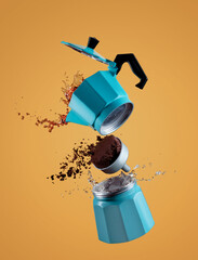 Parts of blue Italian retro coffee maker with coffee splashes isolated on orange background. Freeze...