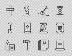 Set line Church building, Grave with tombstone, Shovel the ground, Hammer, Christian cross, Holy bible book, Death certificate and icon. Vector