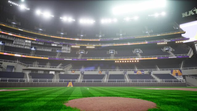 Empty night baseball and cricket arena in fog and illuminated by spotlights 3d render. High quality 4k footage