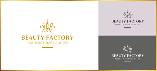 READY TO USE: aesthetic medicine logo, syringe, beauty treatments, lifting, beauty, beauty salon. Professional, unique and modern sign, illustration, gold. - 465047447