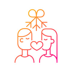 Couple kissing under mistletoe gradient linear vector icon. Christmas mistletoe kiss. Teens under sprig of mistletoe. Thin line color symbol. Modern style pictogram. Vector isolated outline drawing