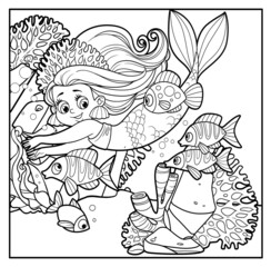 Cute little mermaid girl in coral tiara swims with fish outlined for coloring page on seabed with corals and algae background