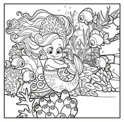 Cute little mermaid girl in coral tiara playing with her tail outlined for coloring page on seabed with corals and algae background