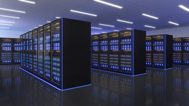 Shot of Data Center With Multiple Rows of Fully Operational Server Racks. Modern Telecommunications, Artificial Intelligence,large server area,3d rendering